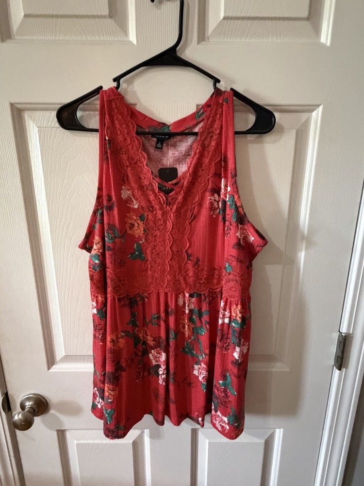Torrid Red Floral Lace V-Neck Sleeveless Knit Rayon Tank Top 2X Plus