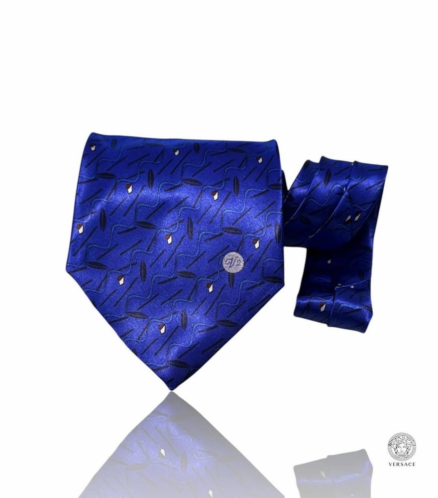 Versace Classic V2 Silk Tie Gold Blue Geometric Zigzag Made in Italy Luxury
