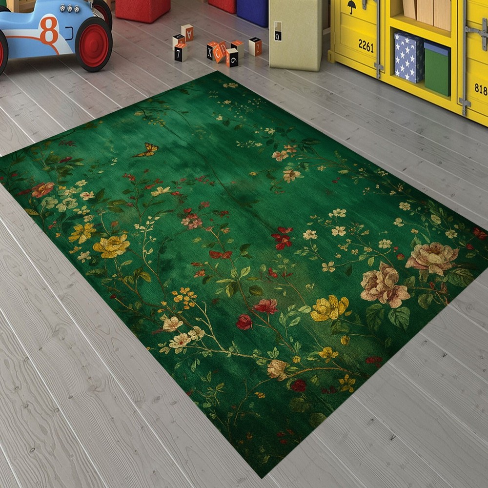 Green and Flowers Area Washable Floor Non Slip Home Decor For Living Room Rug