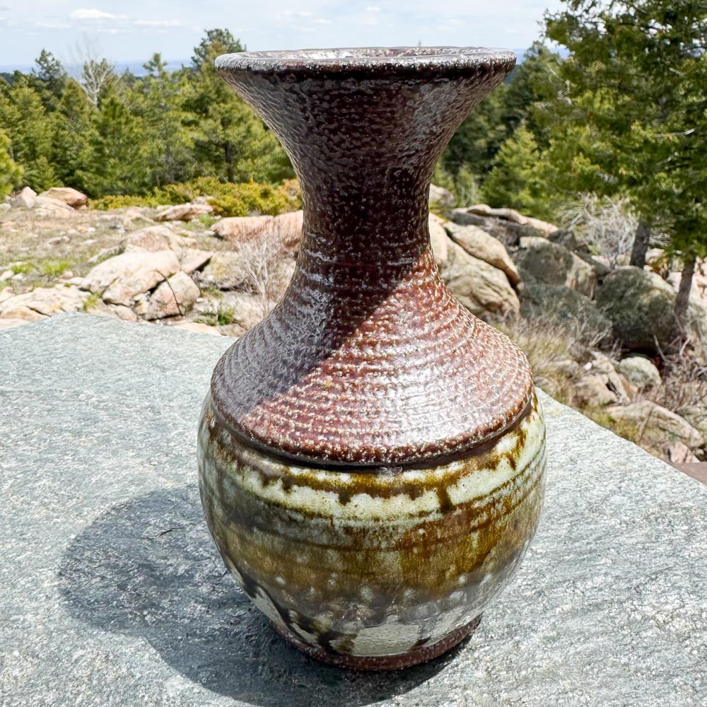 Vintage 8” Studio Art Pottery Vase, Signed Hand Thrown Drip Glaze Stoneware