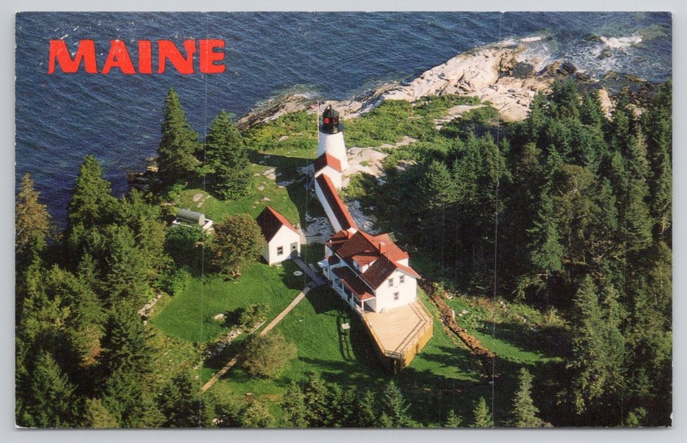Burnt Island Light Maine Postcard Boothbay Harbor Aerial View Lighthouse
