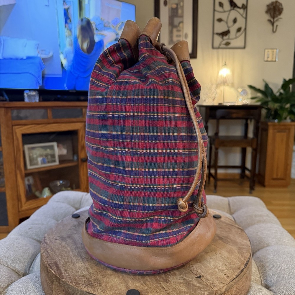 Vintage GAP Drawstring Plaid Circle Shoulder Bag Leather Trim  Travel 90s