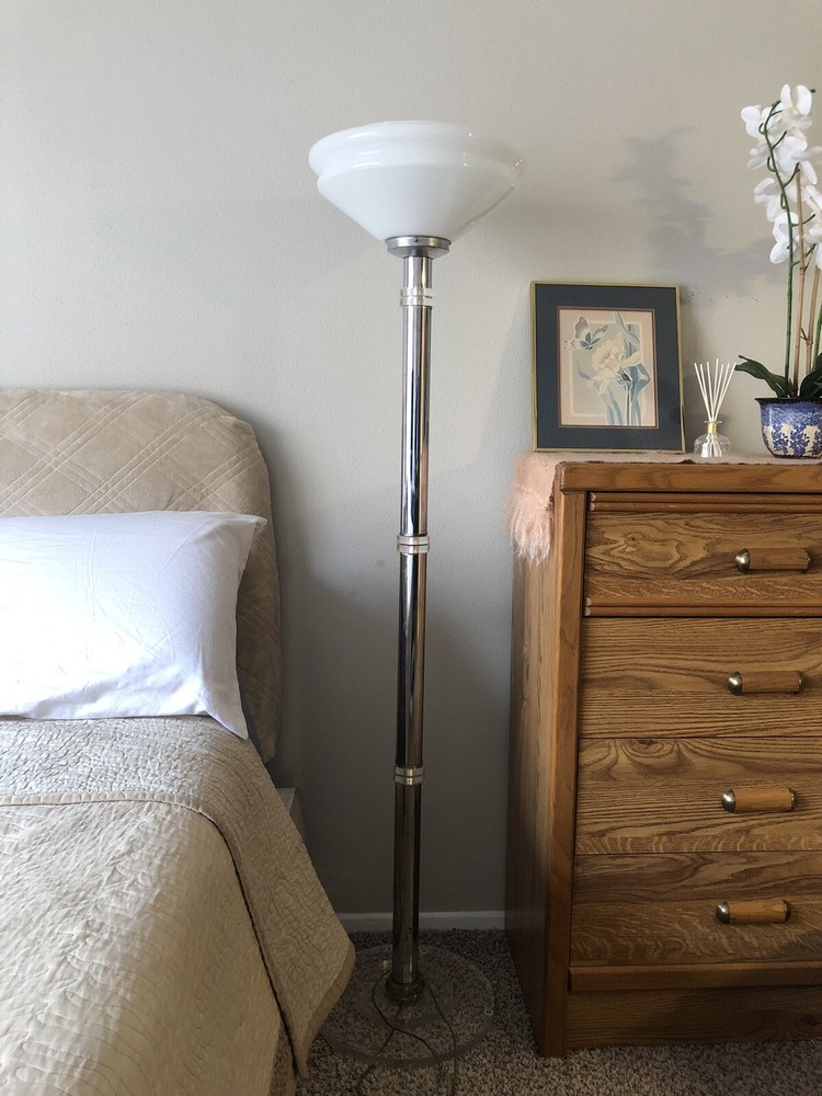 Mid Century Art Deco Lucite and Chrome Banded Floor Lamp with glass Bowl shade