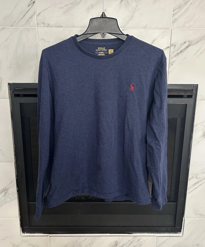 Polo Ralph Lauren Shirt Men’s Medium Navy Blue Long Sleeve Crew Neck Red Pony
