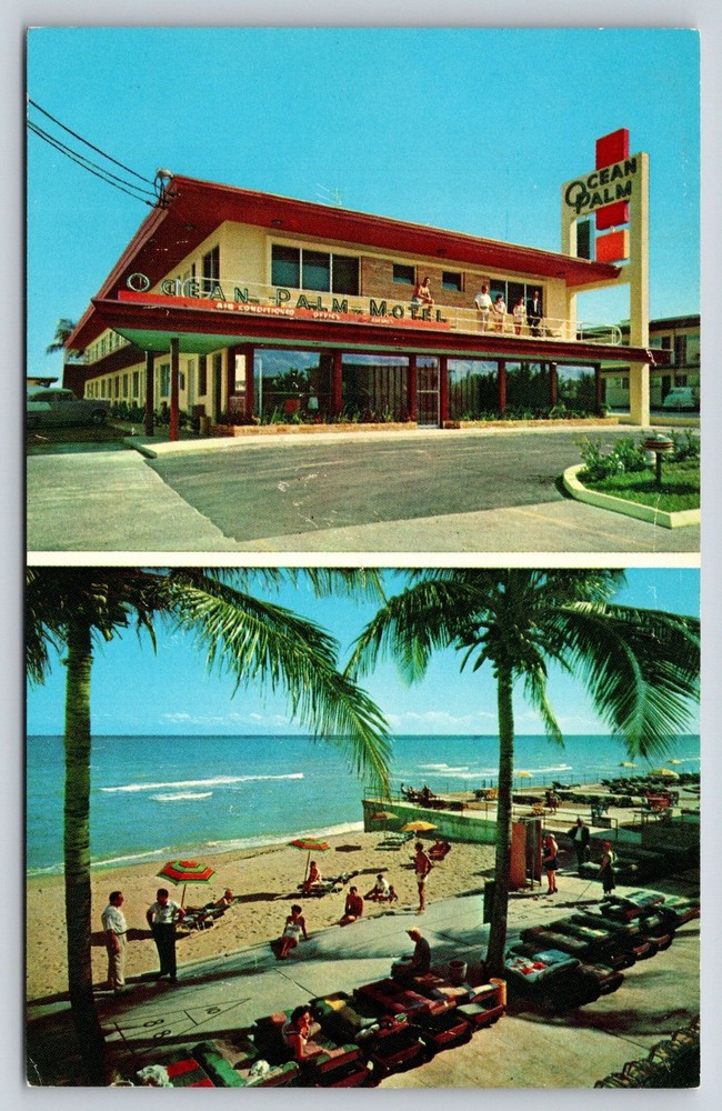 Roadside~Miami Beach Florida~Ocean Palm Motel~Sign~Patio~Umbrella~1950s Postcard