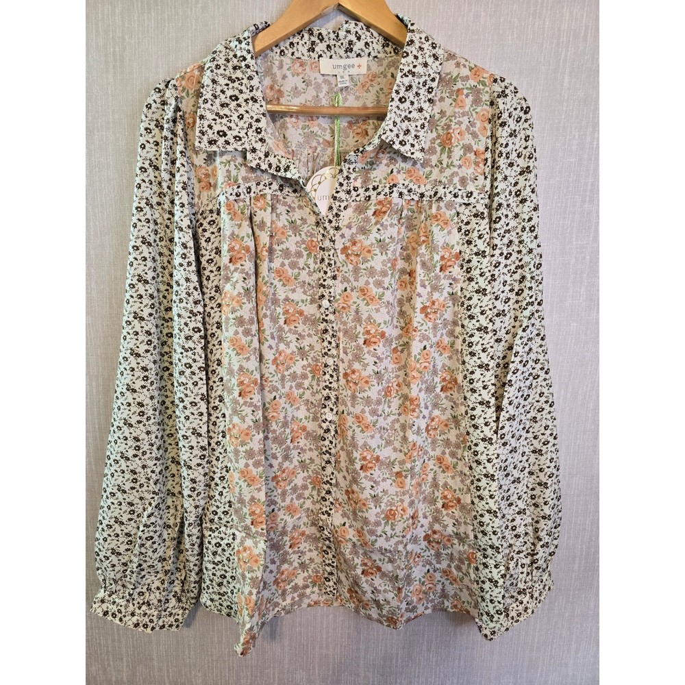 UMGEE USA Size 1XL Floral Print Button Front Collared Long Sleeve Blouse New