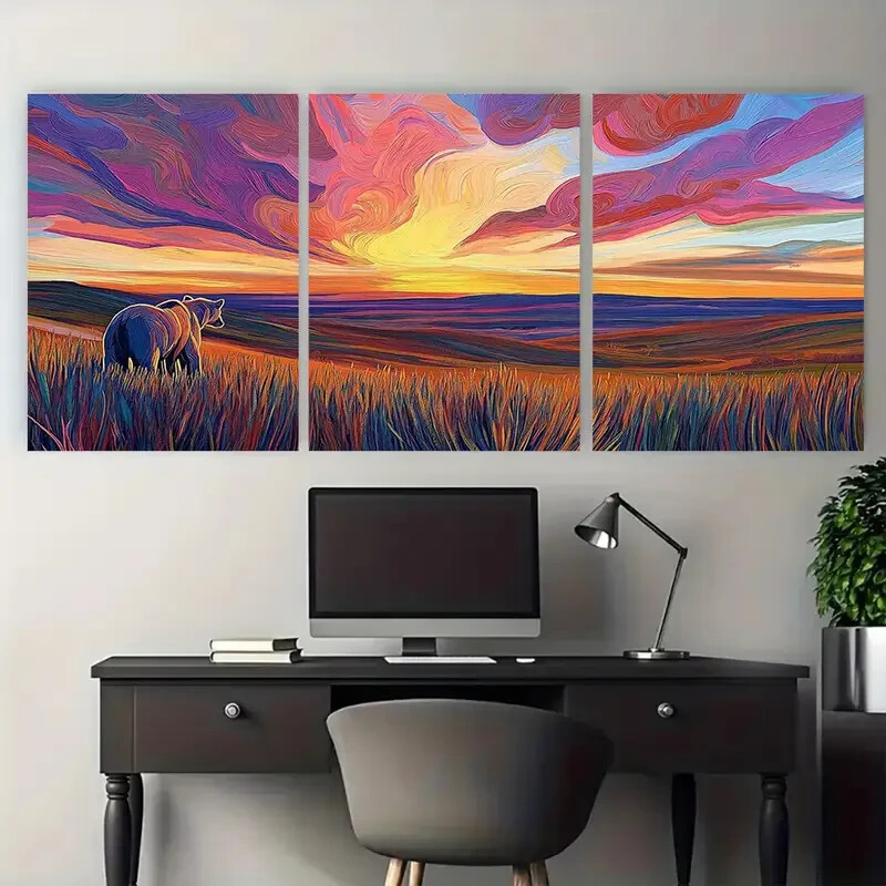 3pcs Grizzly Bear Tundra Sunset Metal Print Wall Art Ready to Hang