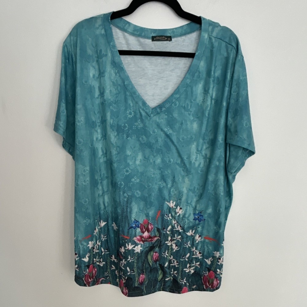 Ofeefan Women's Blue Floral V-Neck Short Sleeve T-Shirt 3XL Polyester Spandex
