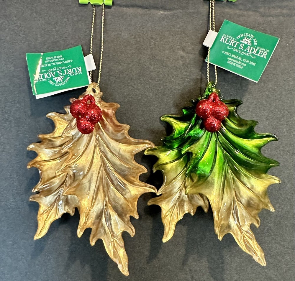 Christmas Ornament Kurt S Adler Holly Leaf Green & Gold Set 2