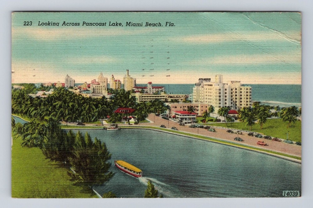 Miami Beach FL- Florida, Looking Across Pancoast Lake, Vintage c1948 Postcard