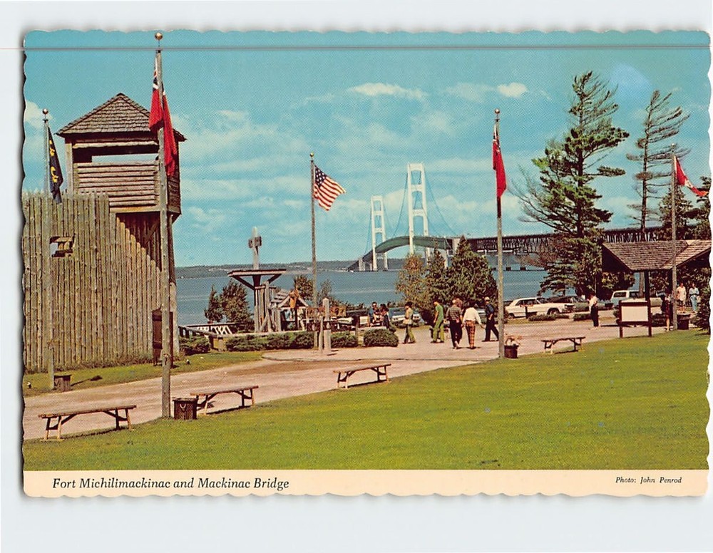 Postcard Fort Michilimackinac & Mackinac Bridge Mackinaw City Michigan USA