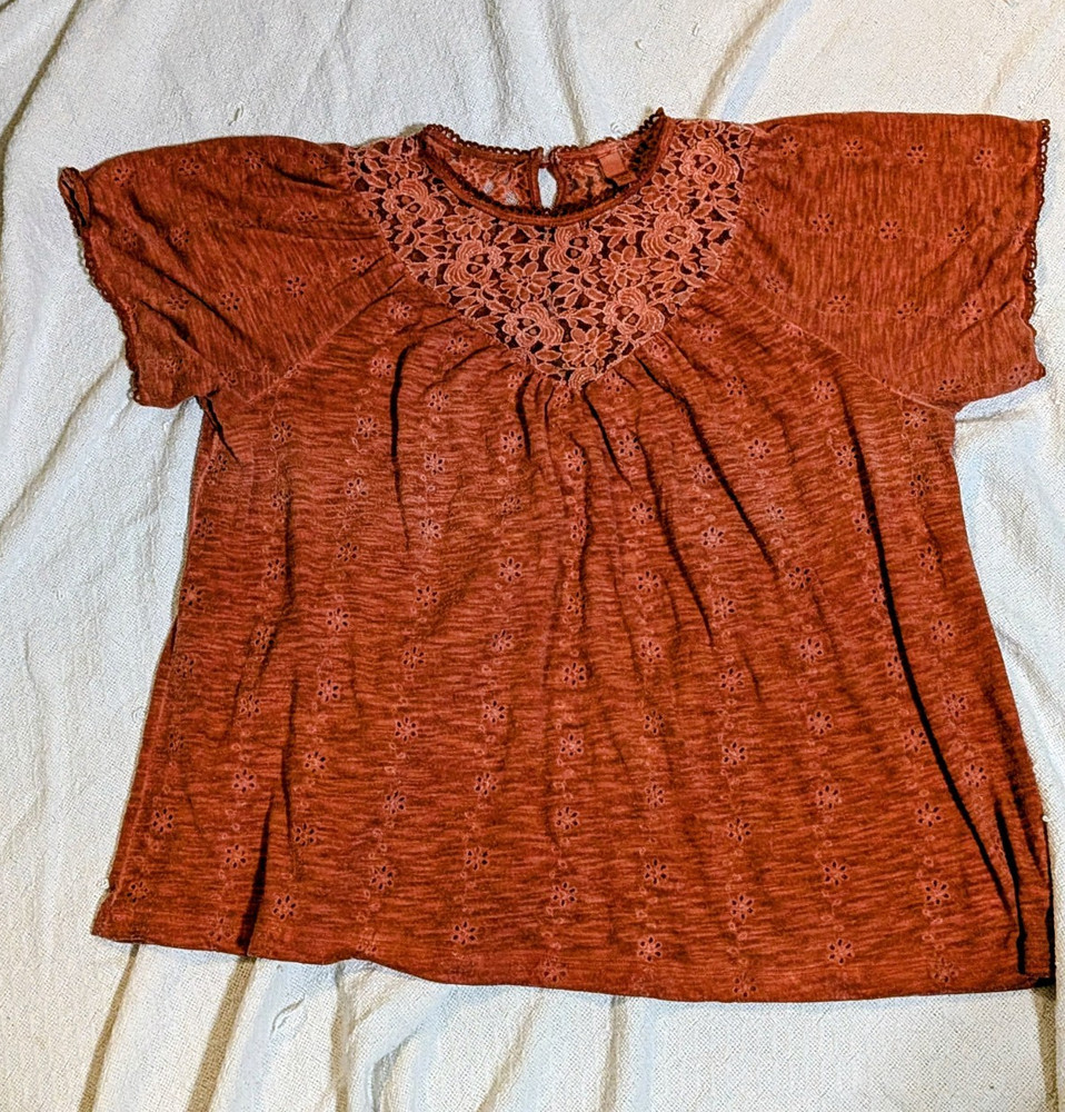 Women’s XXL Boho Lace Blouse Embroidered Floral Top,Rust Orange Festival Peasant