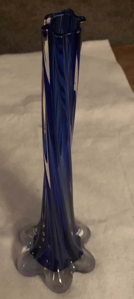 Vintage Art Glass Cobalt Blue Twisted Stretched Elephant Foot Bud Flower Vase