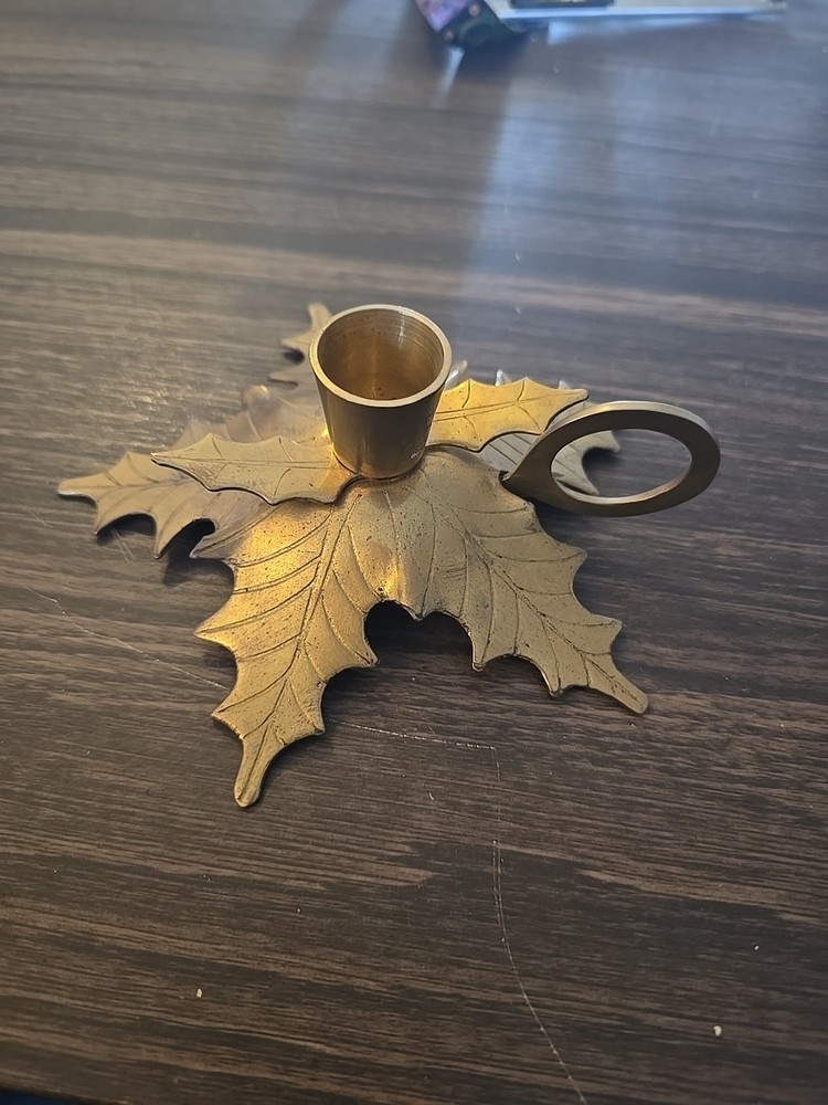 Vintage Brass Holly Leaf Shaped Chamber Candle Holder, Finger Hold Tarnished