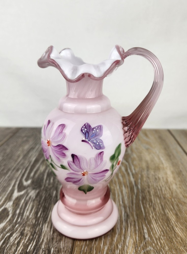 Fenton Dusty Rose Overlay Glass Pitcher – Pink Asters Hand-Painted #888 Signed