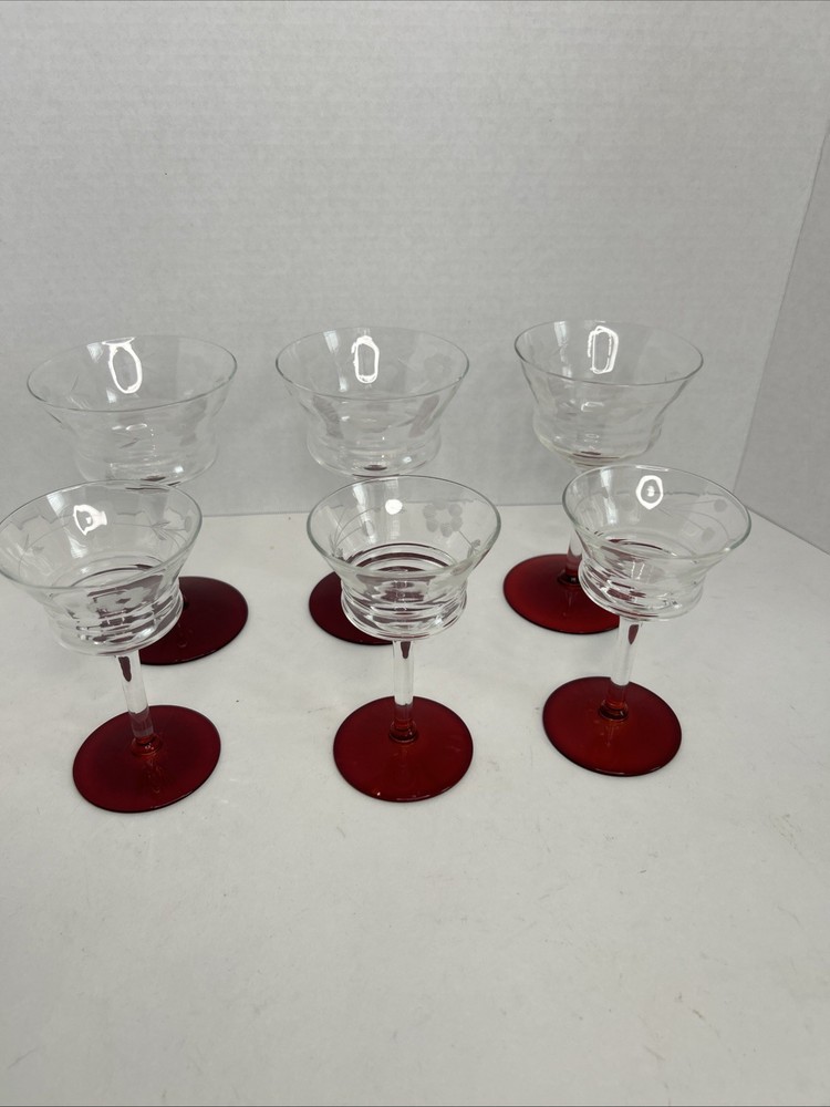 Ruby Base Etched Cordial Wine Glasses .2 Sets Of 3 . Differing Size