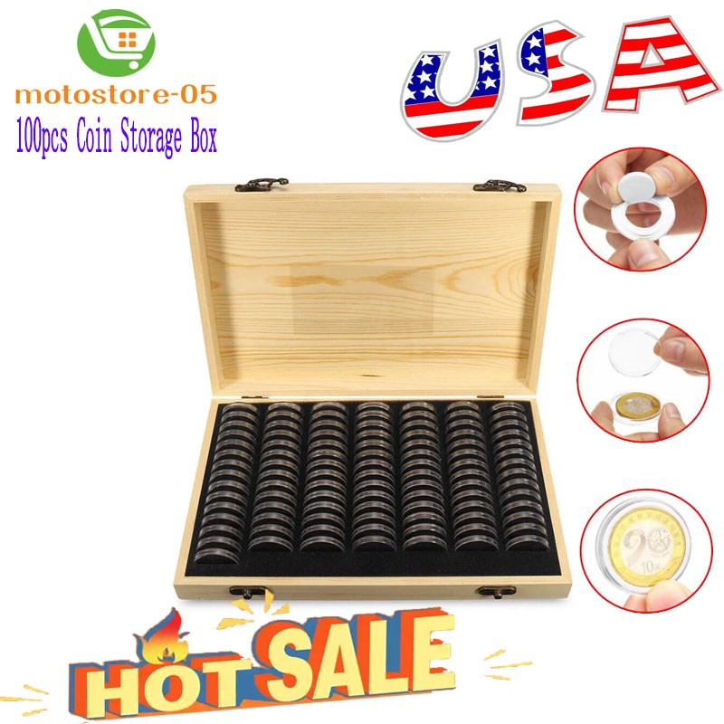 100pcs Coin Capsules Storage Box with Wooden Case Holders Display Collection Box