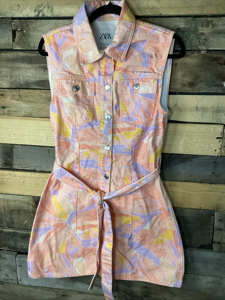 Zara Denim Mini Dress Lapel Collar Sleeveless Multicolor With Pockets Size Mediu