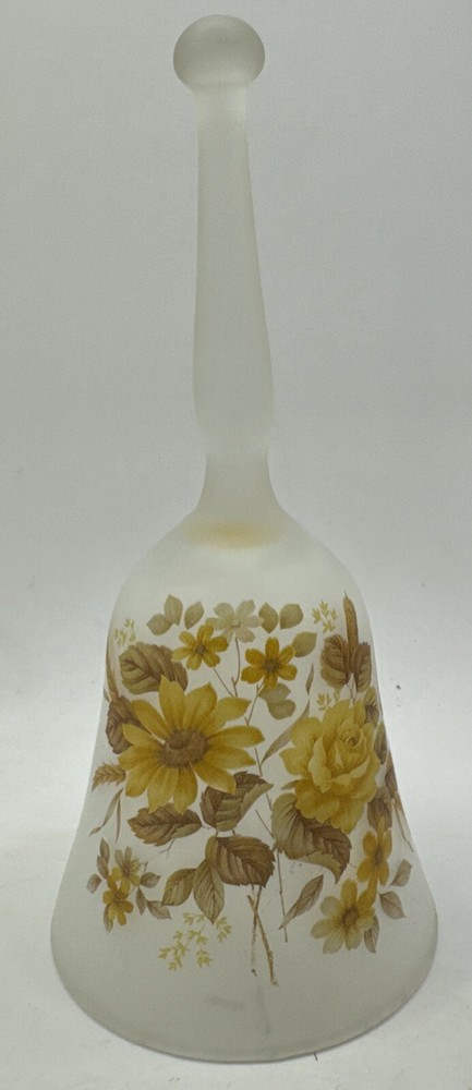 Viking Frosted Glass Bell Hand Painted Yellow Sunflowers Roses Label 6.25”