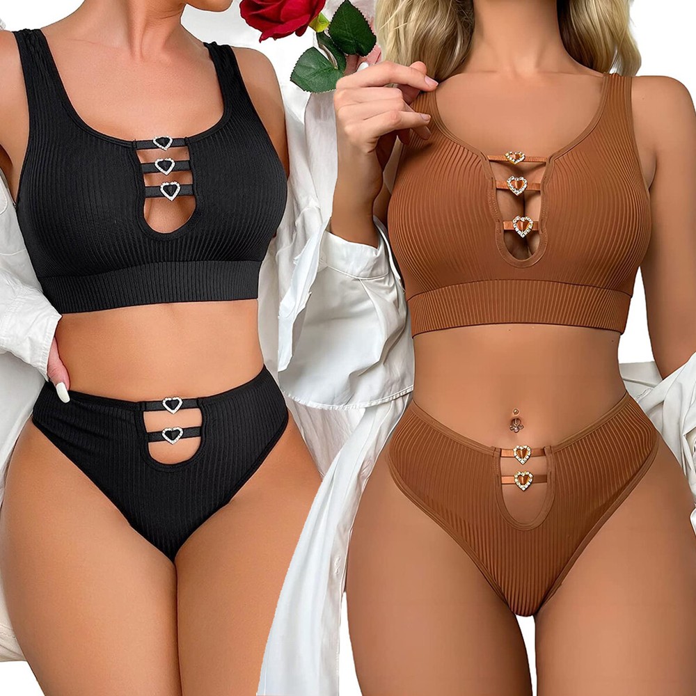 Sexy Bra Panty Sets Cute Rhinestone Heart Ring Linked Lingerie Set Teddy Chemise