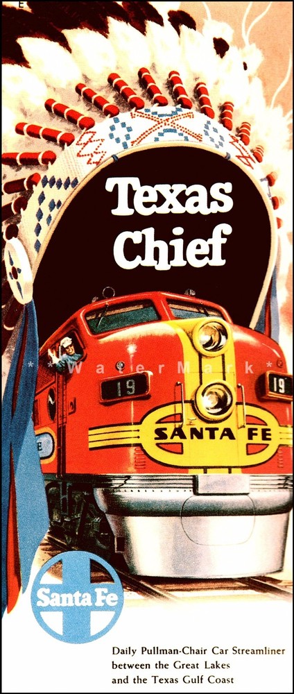 Vintage 1957 Santa Fe Railroad Texas Chief Retro Travel Poster Print