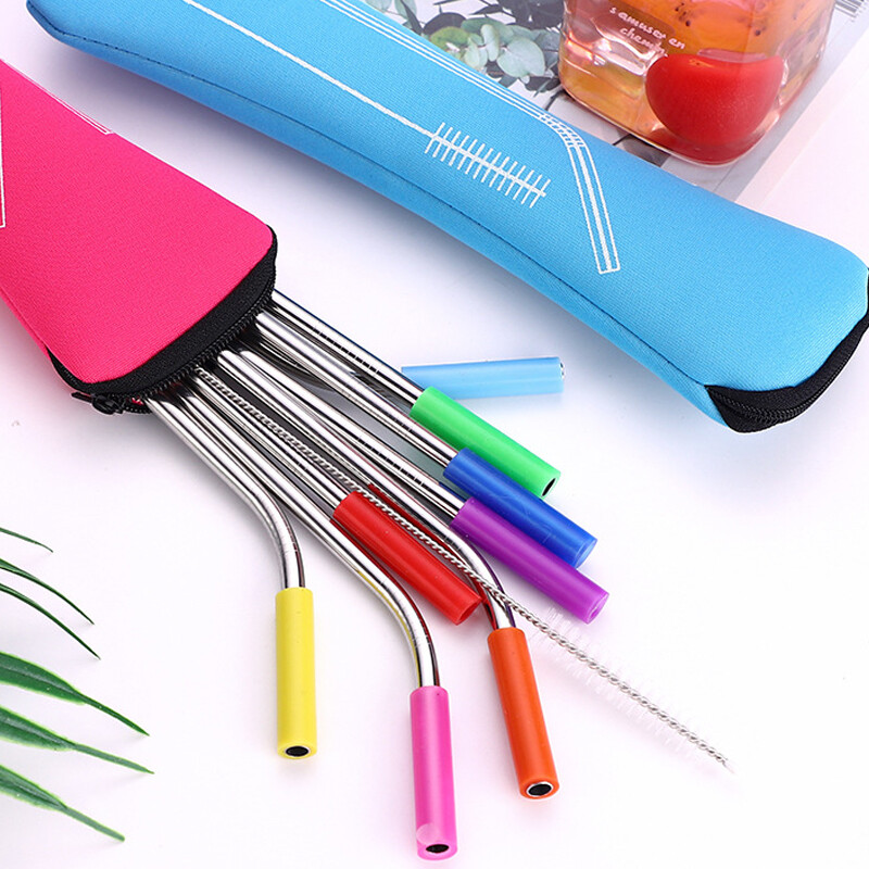 Metal Straw 2/4Pcs Reusable Stainless Steel Straws Straight Bent Drinking Stra
