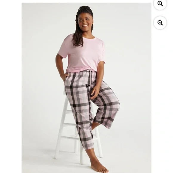 Joyspun Cotton Pajama Long Plaid Pants Pink Gray Pockets Xl 16-18