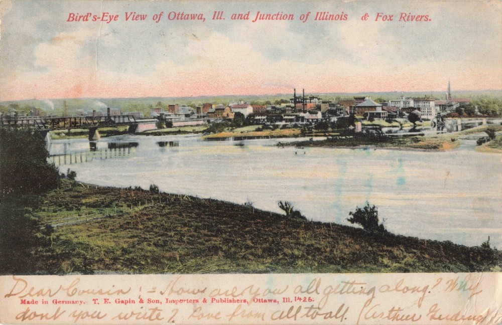 Birdseye View Ottawa Illinois IL Fox River 1907 Postcard