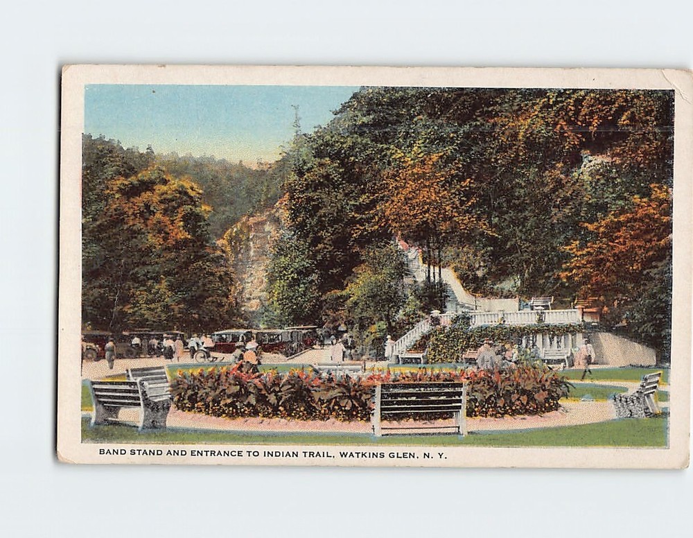 Postcard Band Stand & Entrance To Indian Trail Watkins Glen NY USA