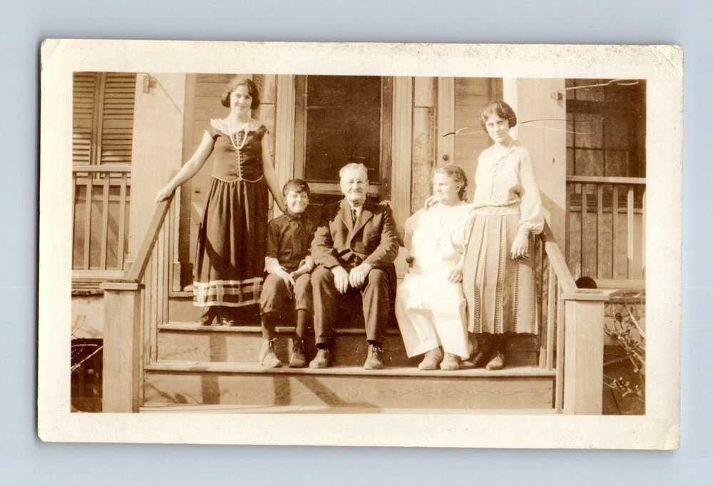 Old Vintage Photo MAN WOMEN AND BOY ON FRONT PORCH OF HOUSE SNAPSHOT PIC