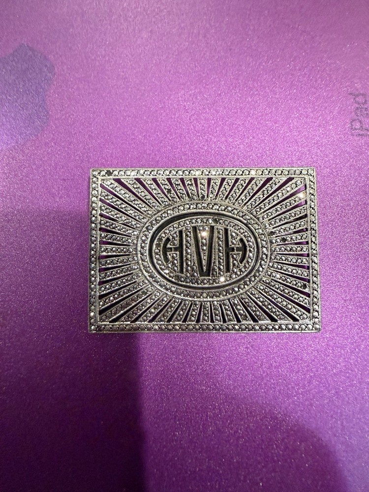 Vintage Art Deco HVH Monogram Marcasite Brooch Pin Silver Tone Estate Jewelry