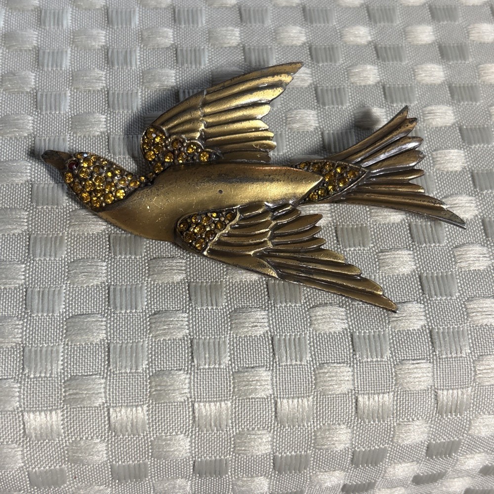 Vintage Antique 1940's Yellow Rhinestones Gold Plated Swallow Bird Pin Brooch