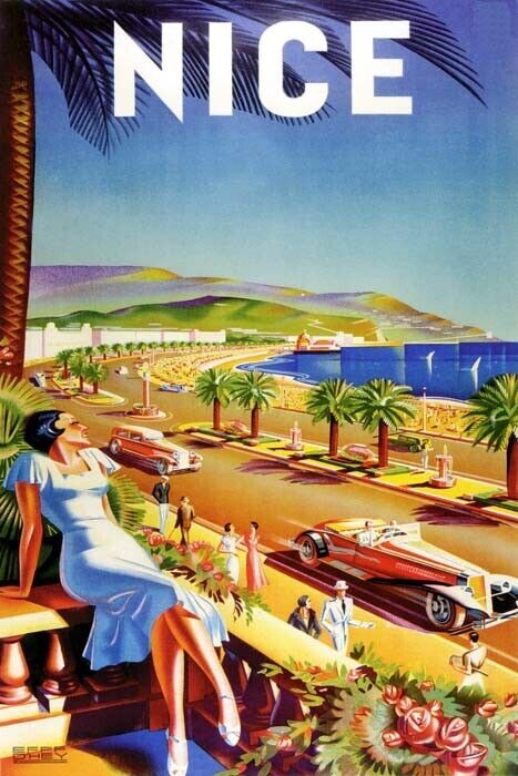 Vintage French Travel Poster Repro Beach Car Casino Fashion Girl