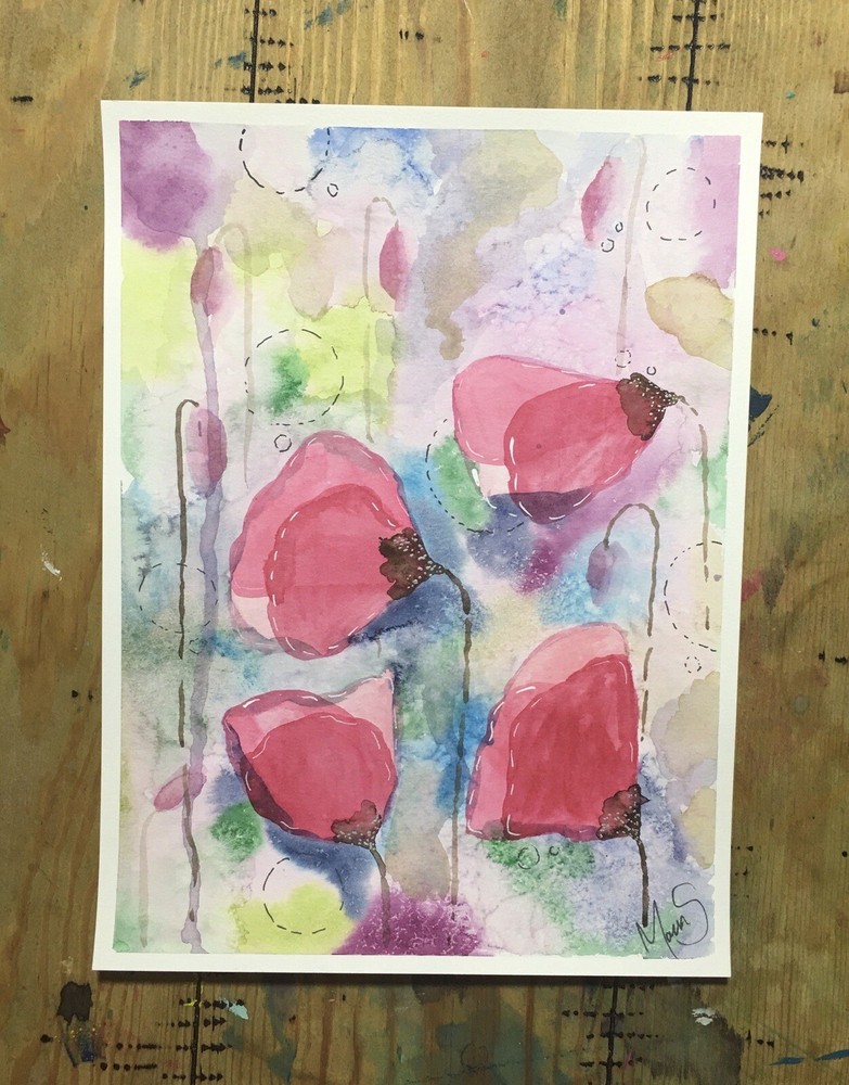 Maria Scalf Flowers Floral Abstract Botanical Poppy Watercolor Signed Art 9x12