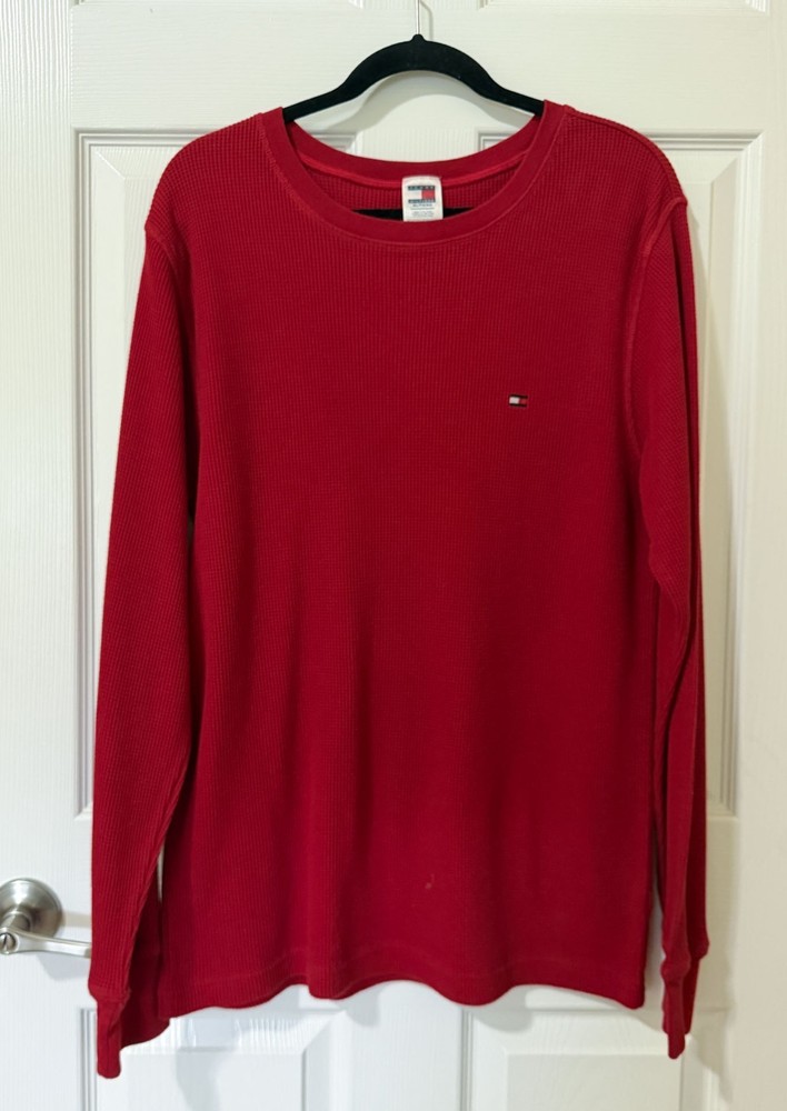 Tommy Hilfiger Men’s Waffle Knit Thermal Long Sleeve Red Flag Logo Shirt