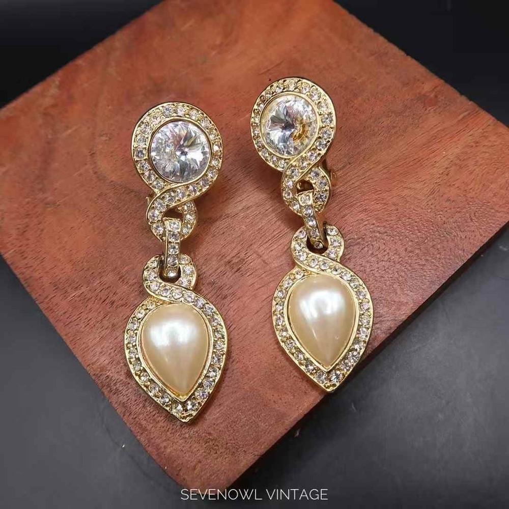 Vintage Bijoux NY Gold Tone Faux Pearl Rhinestone Clip Earrings Signed