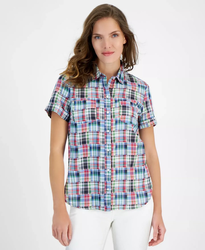 Nautica Womens XL Plaid Patchwork Cotton Shirt Jeans Top