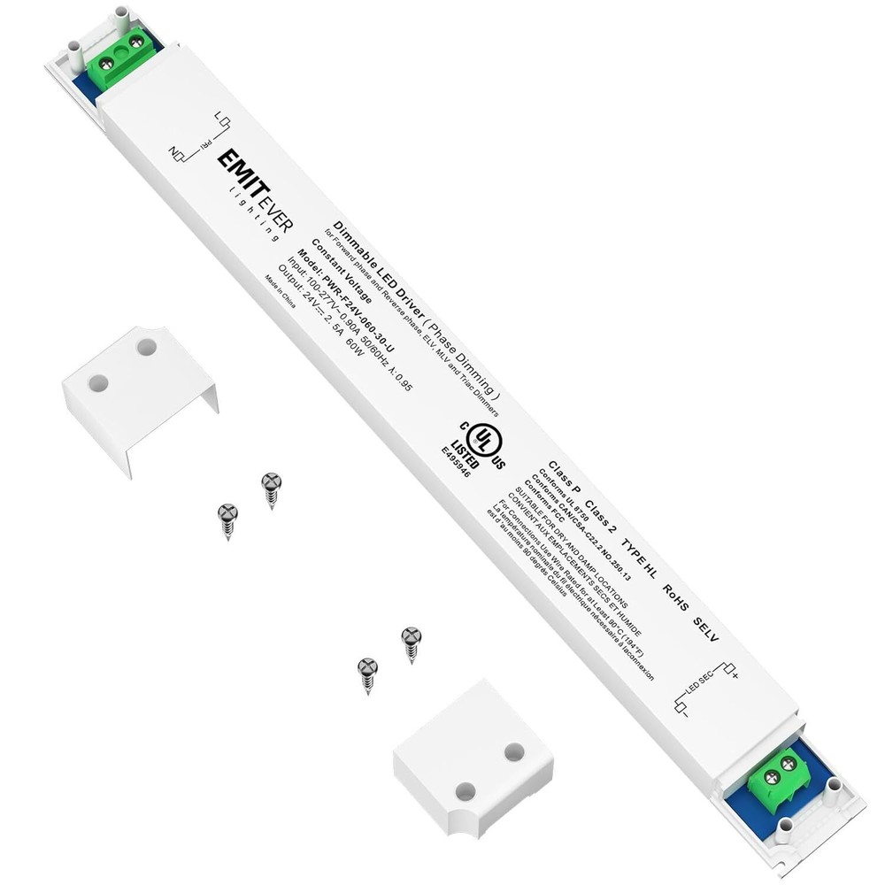 60W Slim Triac Dimmable LED Driver 0-100... 100-277V AC to 24V DC Power Supply