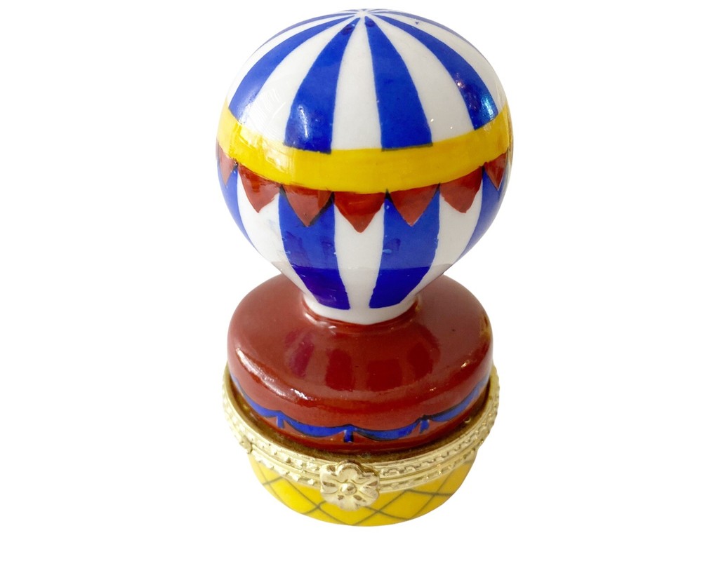 Vintage Multi-Color Hot Air Balloon Porcelain Hinged Trinket Box Striped 3.5