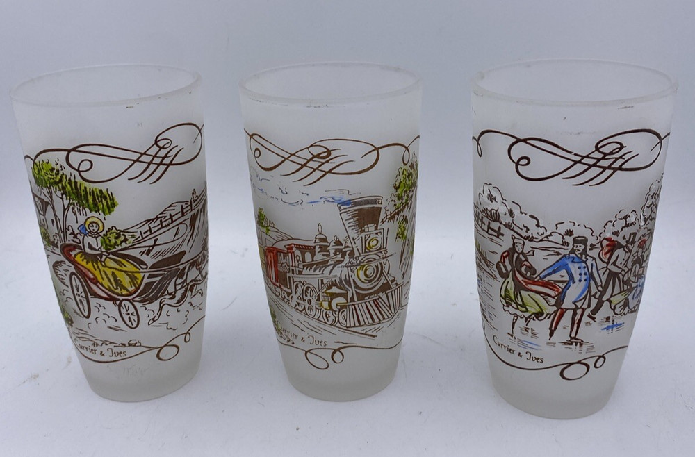 Tumblers Currier & Ives  Set Of 3   1950 Frosted Barware Different Vintage
