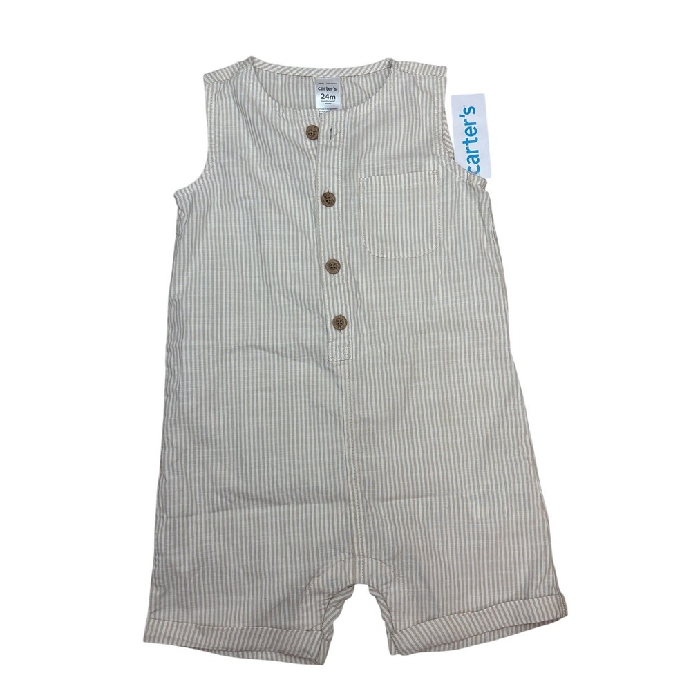 Carter's Baby Boy Sleeveless Striped Romper Beige Tan Button NWT Front 24M