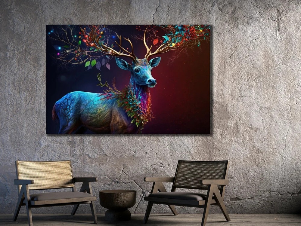 Blue With Lights Deer Abstract Design Unframed Canvas Print Australian Wall Art-image