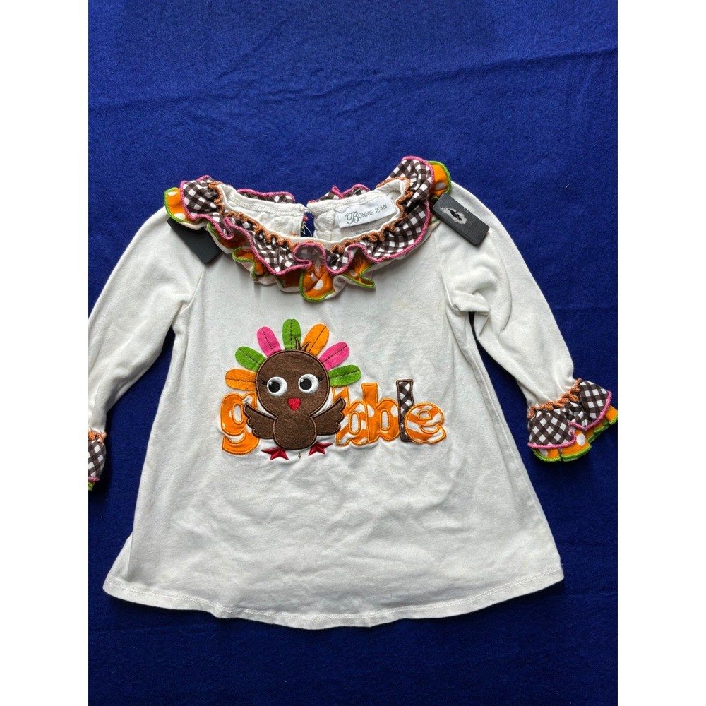 Thanksgiving Toddler Girls Bonnie Jean Turkey Gobble Top 2T Ivory Brown