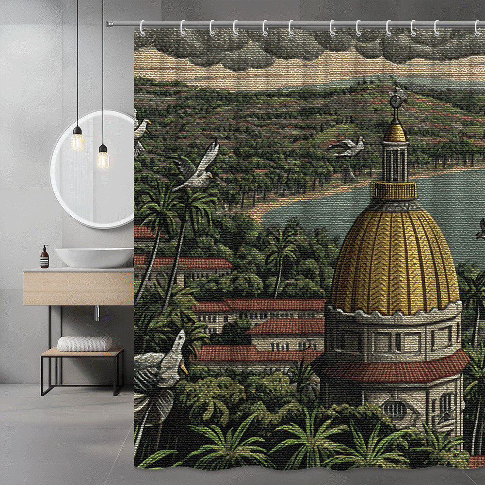 Tropical Landscape Shower Curtain with Birds and Dome