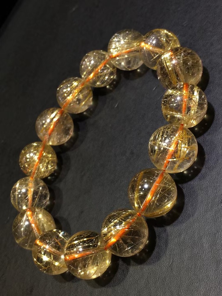 AA+Natural gold Hair Rutilated Quartz Crystal Round Beads Bracelet Healing 14mm