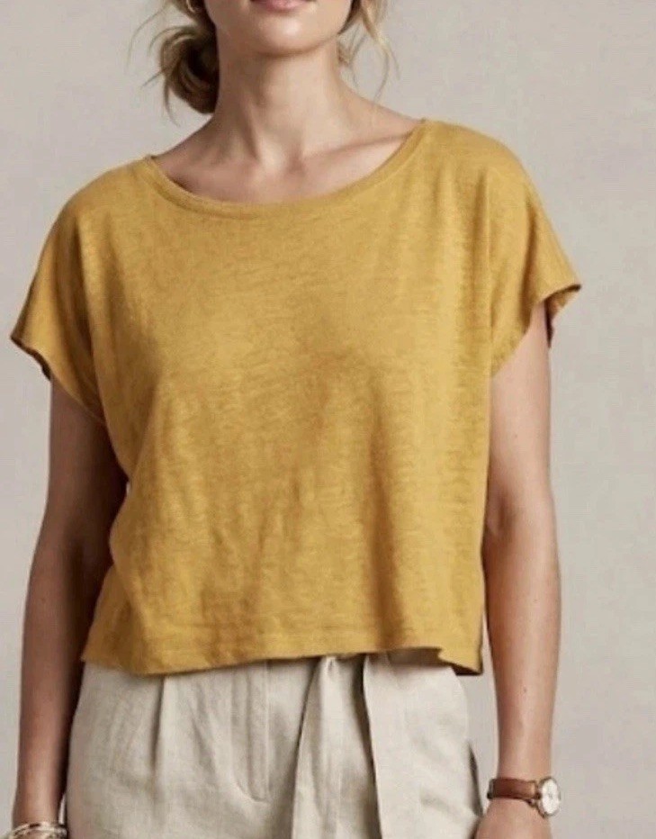 Rachel Zoe Golden Yellow, 100 % Linen Boxy Knit Top, Cap Sleeve Scoop Neck  Sz M