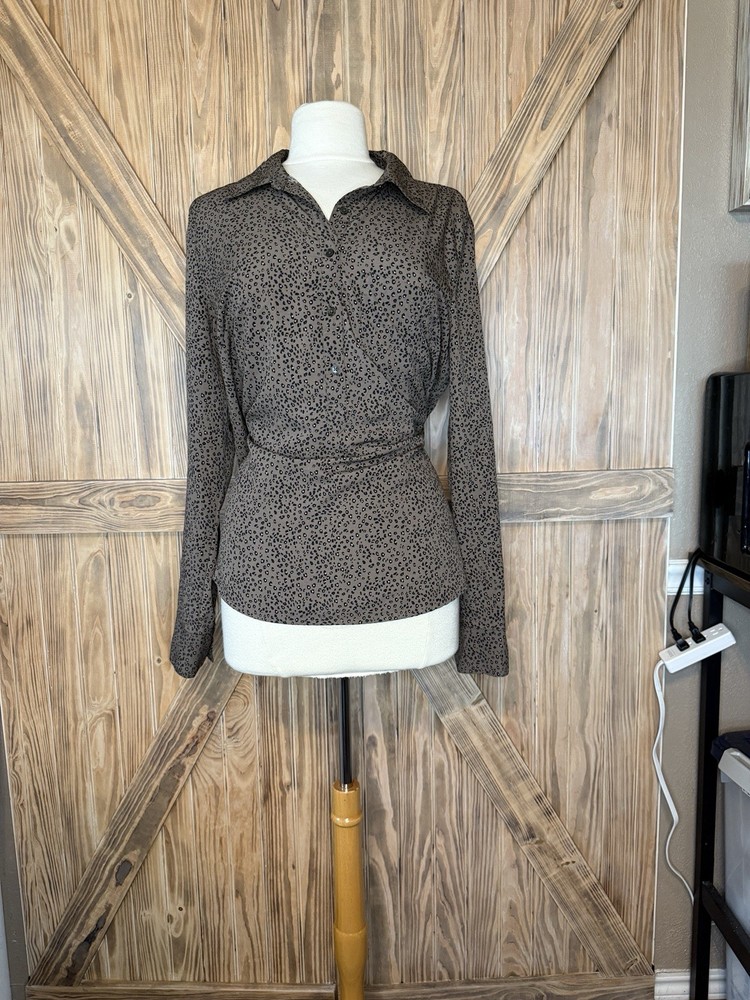Merona Women’s Blouse XL Brown Black Leopard Print Button Front Long Sleeve