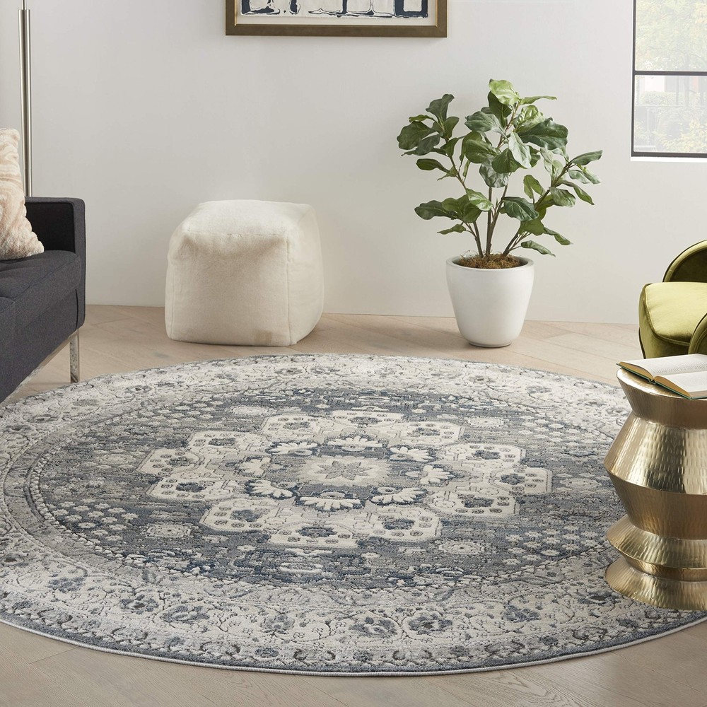 Home Concerto Grey Ivory 7’10” x Round Area Rug - Easy Clean, Non Shedding, B...