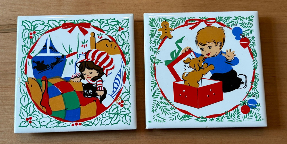 Vintage Lot of 2 Taiwan Jasco Christmas Children Ceramic Tiles Trivets Coasters
