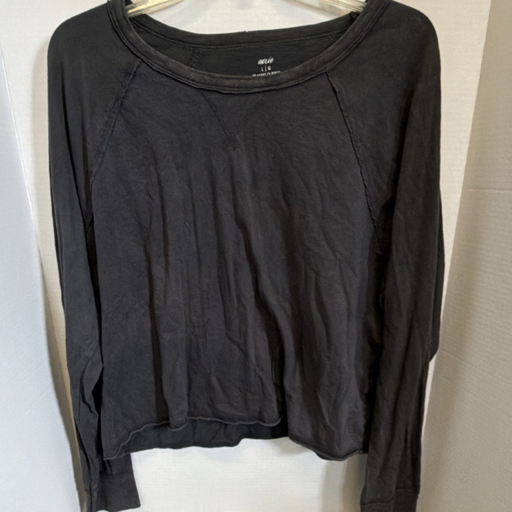 Aerie Women's Black Crew Neck Long Sleeve Jersey Cotton T-Shirt L